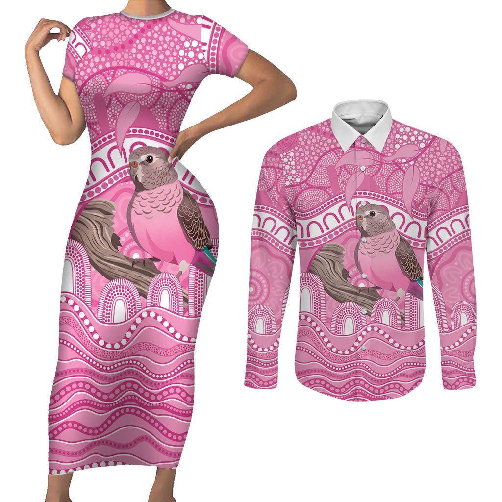 Indigenous Australia Bourkie Couples Matching Short Sleeve Bodycon Dress and Long Sleeve Button Shirt Aussie Bourke's Parrot Aboriginal Art