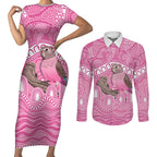 Indigenous Australia Bourkie Couples Matching Short Sleeve Bodycon Dress and Long Sleeve Button Shirt Aussie Bourke's Parrot Aboriginal Art
