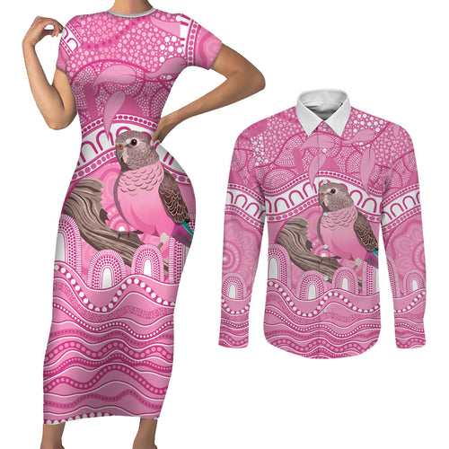 Indigenous Australia Bourkie Couples Matching Short Sleeve Bodycon Dress and Long Sleeve Button Shirt Aussie Bourke's Parrot Aboriginal Art