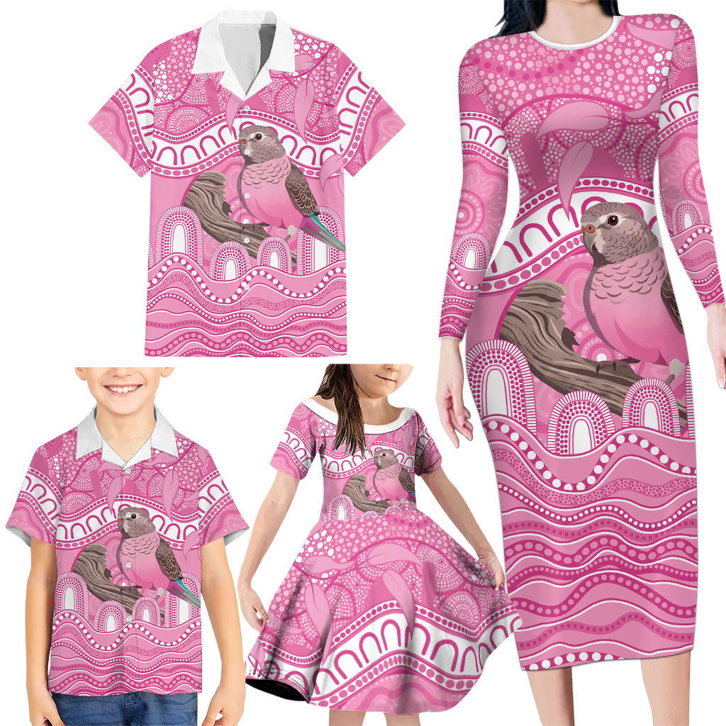 Indigenous Australia Bourkie Family Matching Long Sleeve Bodycon Dress and Hawaiian Shirt Aussie Bourke's Parrot Aboriginal Art