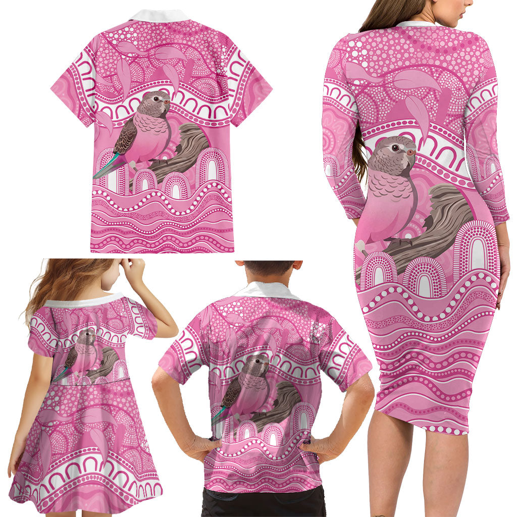 Indigenous Australia Bourkie Family Matching Long Sleeve Bodycon Dress and Hawaiian Shirt Aussie Bourke's Parrot Aboriginal Art