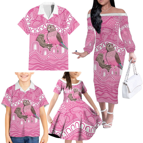Indigenous Australia Bourkie Family Matching Off The Shoulder Long Sleeve Dress and Hawaiian Shirt Aussie Bourke's Parrot Aboriginal Art