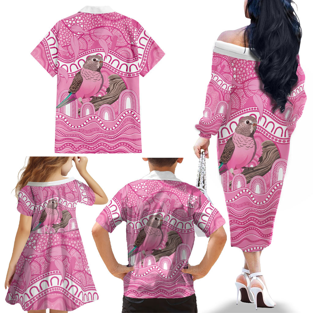 Indigenous Australia Bourkie Family Matching Off The Shoulder Long Sleeve Dress and Hawaiian Shirt Aussie Bourke's Parrot Aboriginal Art