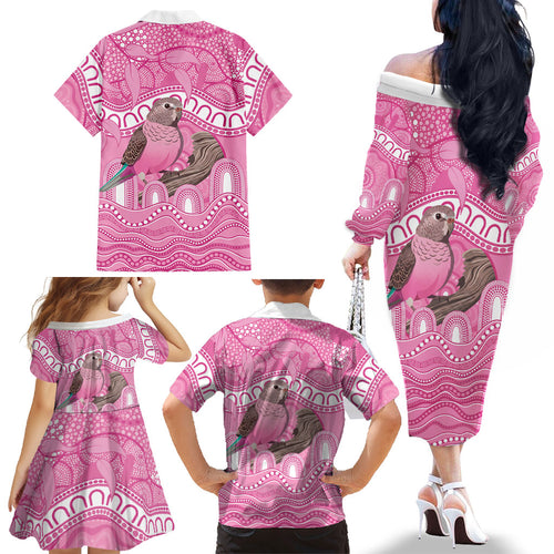 Indigenous Australia Bourkie Family Matching Off The Shoulder Long Sleeve Dress and Hawaiian Shirt Aussie Bourke's Parrot Aboriginal Art
