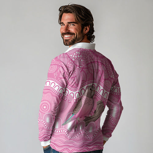 Indigenous Australia Bourkie Long Sleeve Polo Shirt Aussie Bourke's Parrot Aboriginal Art