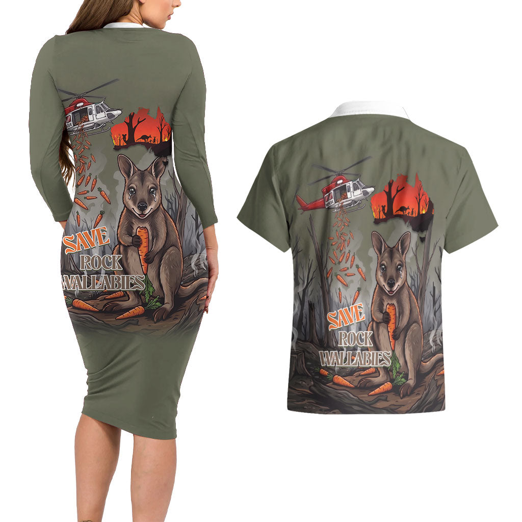 Save Rock Wallabies Australia 2026 Couples Matching Long Sleeve Bodycon Dress and Hawaiian Shirt