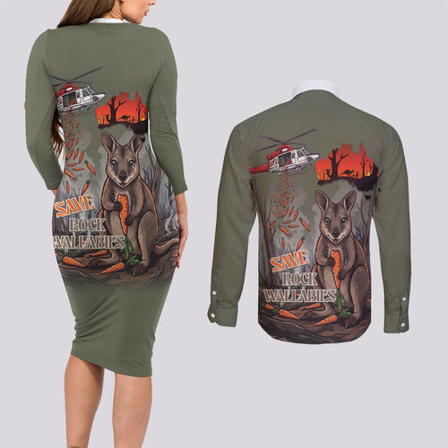 Save Rock Wallabies Australia 2026 Couples Matching Long Sleeve Bodycon Dress and Long Sleeve Button Shirt