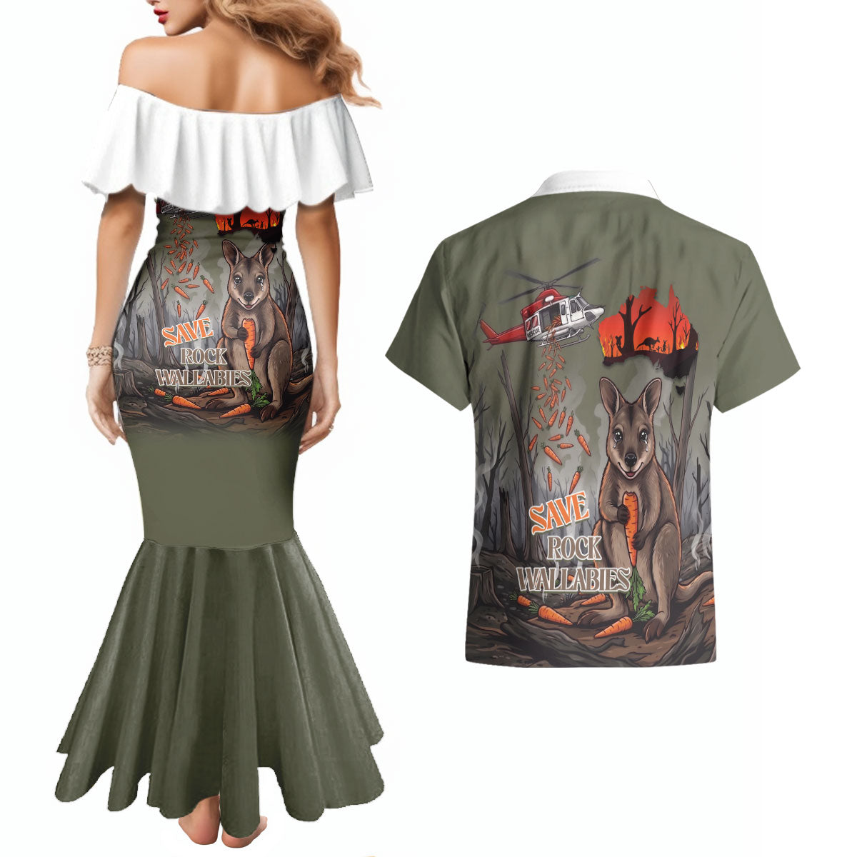 Save Rock Wallabies Australia 2026 Couples Matching Mermaid Dress and Hawaiian Shirt