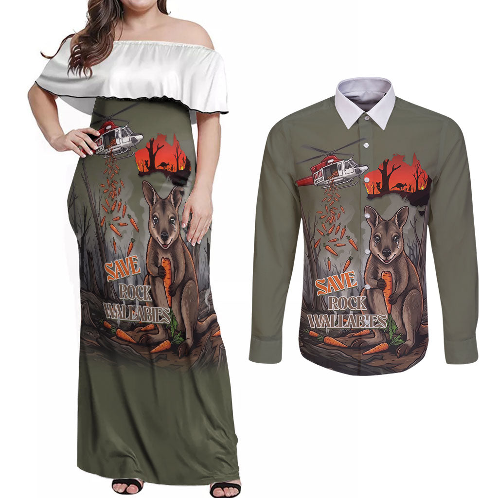 Save Rock Wallabies Australia 2026 Couples Matching Off Shoulder Maxi Dress and Long Sleeve Button Shirt