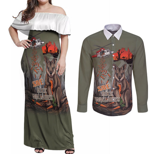 Save Rock Wallabies Australia 2026 Couples Matching Off Shoulder Maxi Dress and Long Sleeve Button Shirt
