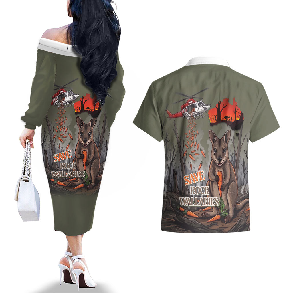 Save Rock Wallabies Australia 2026 Couples Matching Off The Shoulder Long Sleeve Dress and Hawaiian Shirt