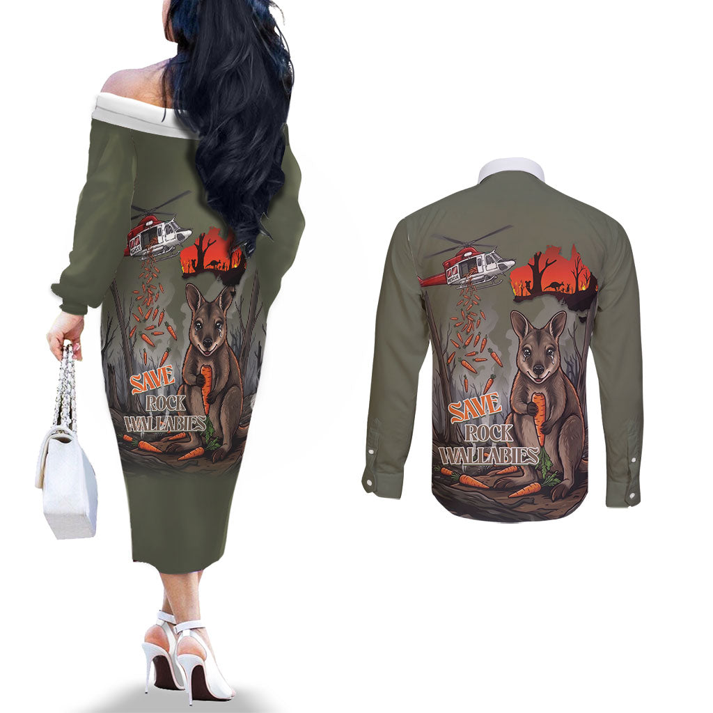 Save Rock Wallabies Australia 2026 Couples Matching Off The Shoulder Long Sleeve Dress and Long Sleeve Button Shirt