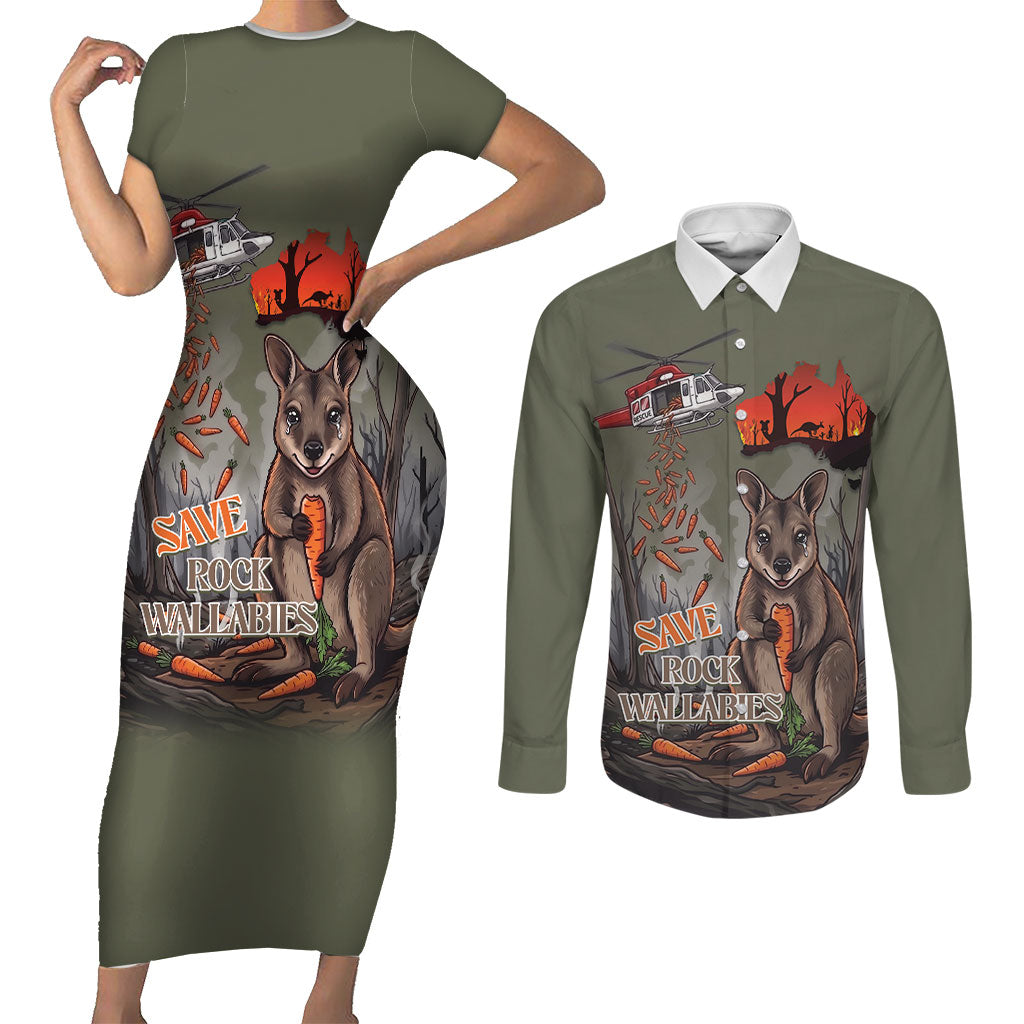 Save Rock Wallabies Australia 2026 Couples Matching Short Sleeve Bodycon Dress and Long Sleeve Button Shirt