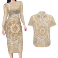 Beige Australia Lizard With Aboriginal Art Couples Matching Long Sleeve Bodycon Dress and Hawaiian Shirt