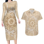 Beige Australia Lizard With Aboriginal Art Couples Matching Long Sleeve Bodycon Dress and Hawaiian Shirt