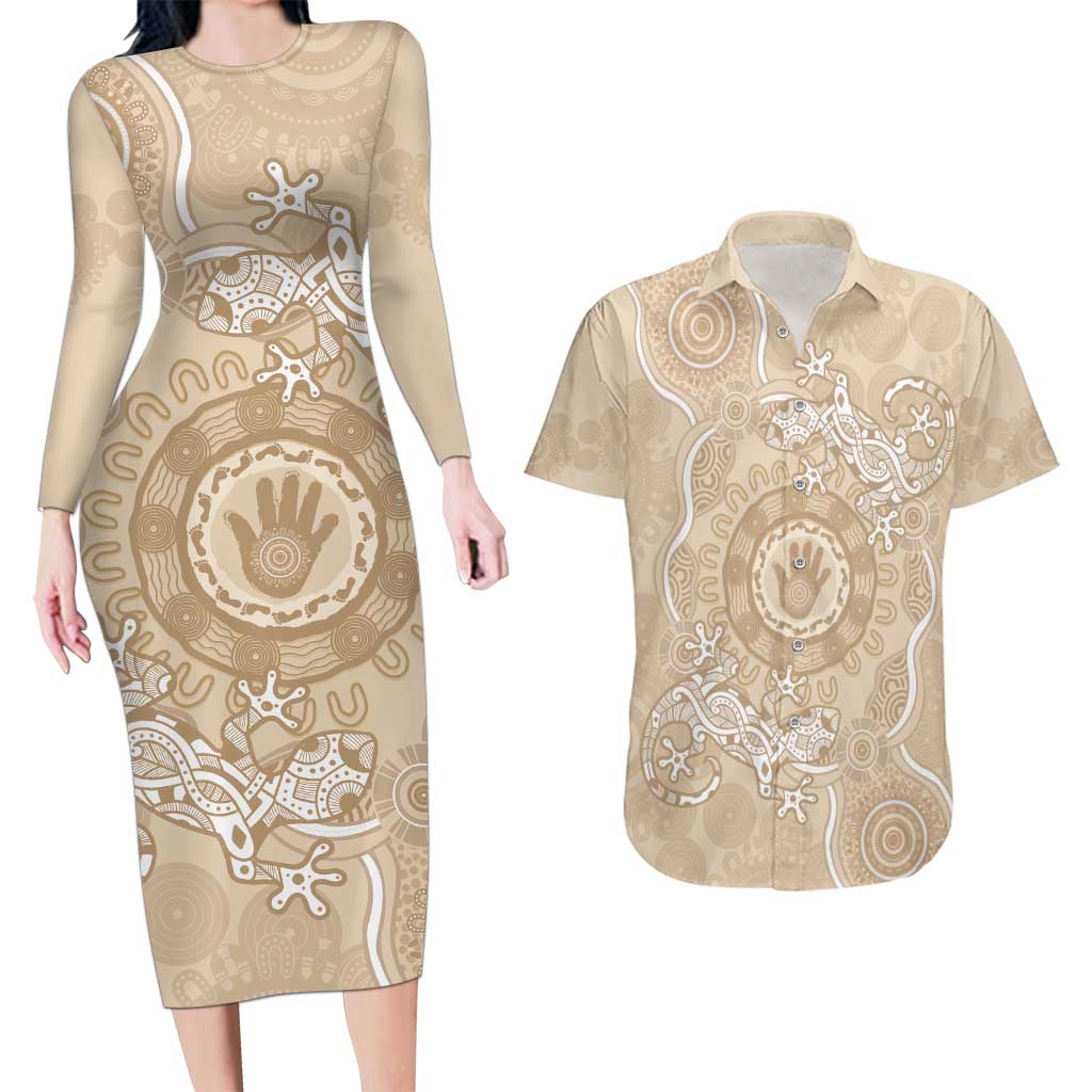 Beige Australia Lizard With Aboriginal Art Couples Matching Long Sleeve Bodycon Dress and Hawaiian Shirt