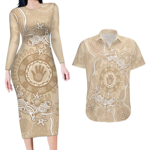 Beige Australia Lizard With Aboriginal Art Couples Matching Long Sleeve Bodycon Dress and Hawaiian Shirt