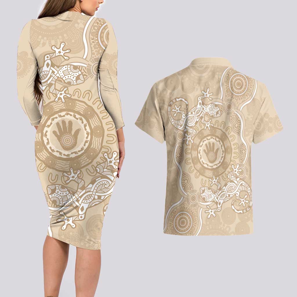 Beige Australia Lizard With Aboriginal Art Couples Matching Long Sleeve Bodycon Dress and Hawaiian Shirt
