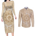 Beige Australia Lizard With Aboriginal Art Couples Matching Long Sleeve Bodycon Dress and Long Sleeve Button Shirt