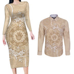 Beige Australia Lizard With Aboriginal Art Couples Matching Long Sleeve Bodycon Dress and Long Sleeve Button Shirt
