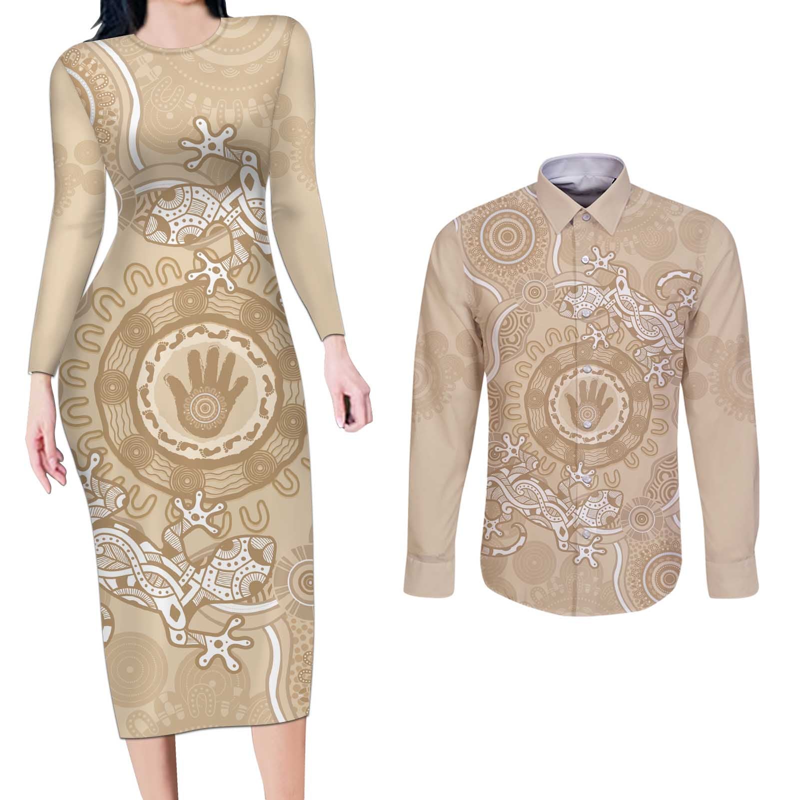 Beige Australia Lizard With Aboriginal Art Couples Matching Long Sleeve Bodycon Dress and Long Sleeve Button Shirt
