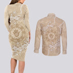 Beige Australia Lizard With Aboriginal Art Couples Matching Long Sleeve Bodycon Dress and Long Sleeve Button Shirt