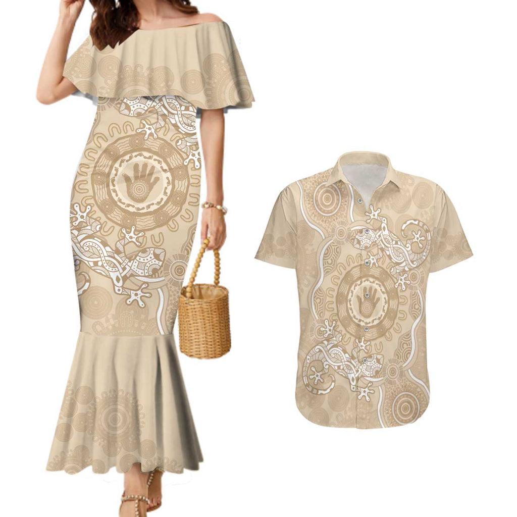 Beige Australia Lizard With Aboriginal Art Couples Matching Mermaid Dress and Hawaiian Shirt