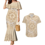 Beige Australia Lizard With Aboriginal Art Couples Matching Mermaid Dress and Hawaiian Shirt