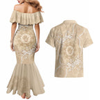 Beige Australia Lizard With Aboriginal Art Couples Matching Mermaid Dress and Hawaiian Shirt