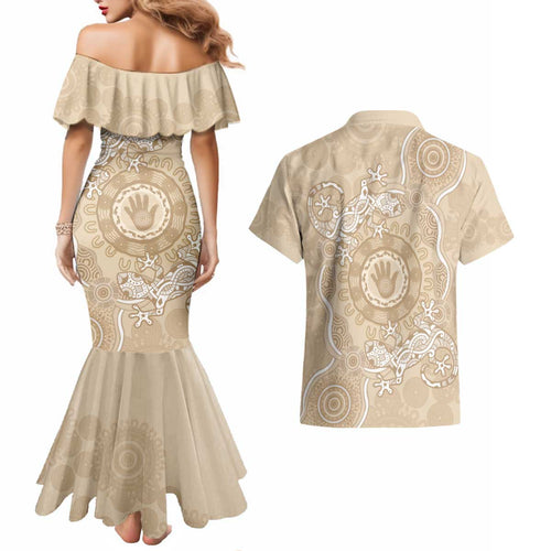 Beige Australia Lizard With Aboriginal Art Couples Matching Mermaid Dress and Hawaiian Shirt