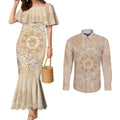 Beige Australia Lizard With Aboriginal Art Couples Matching Mermaid Dress and Long Sleeve Button Shirt