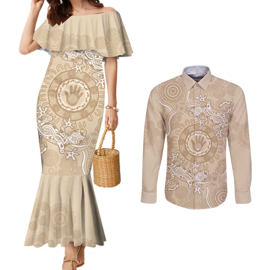 Beige Australia Lizard With Aboriginal Art Couples Matching Mermaid Dress and Long Sleeve Button Shirt