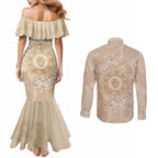 Beige Australia Lizard With Aboriginal Art Couples Matching Mermaid Dress and Long Sleeve Button Shirt