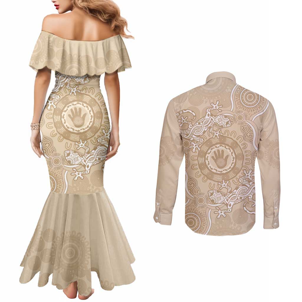 Beige Australia Lizard With Aboriginal Art Couples Matching Mermaid Dress and Long Sleeve Button Shirt