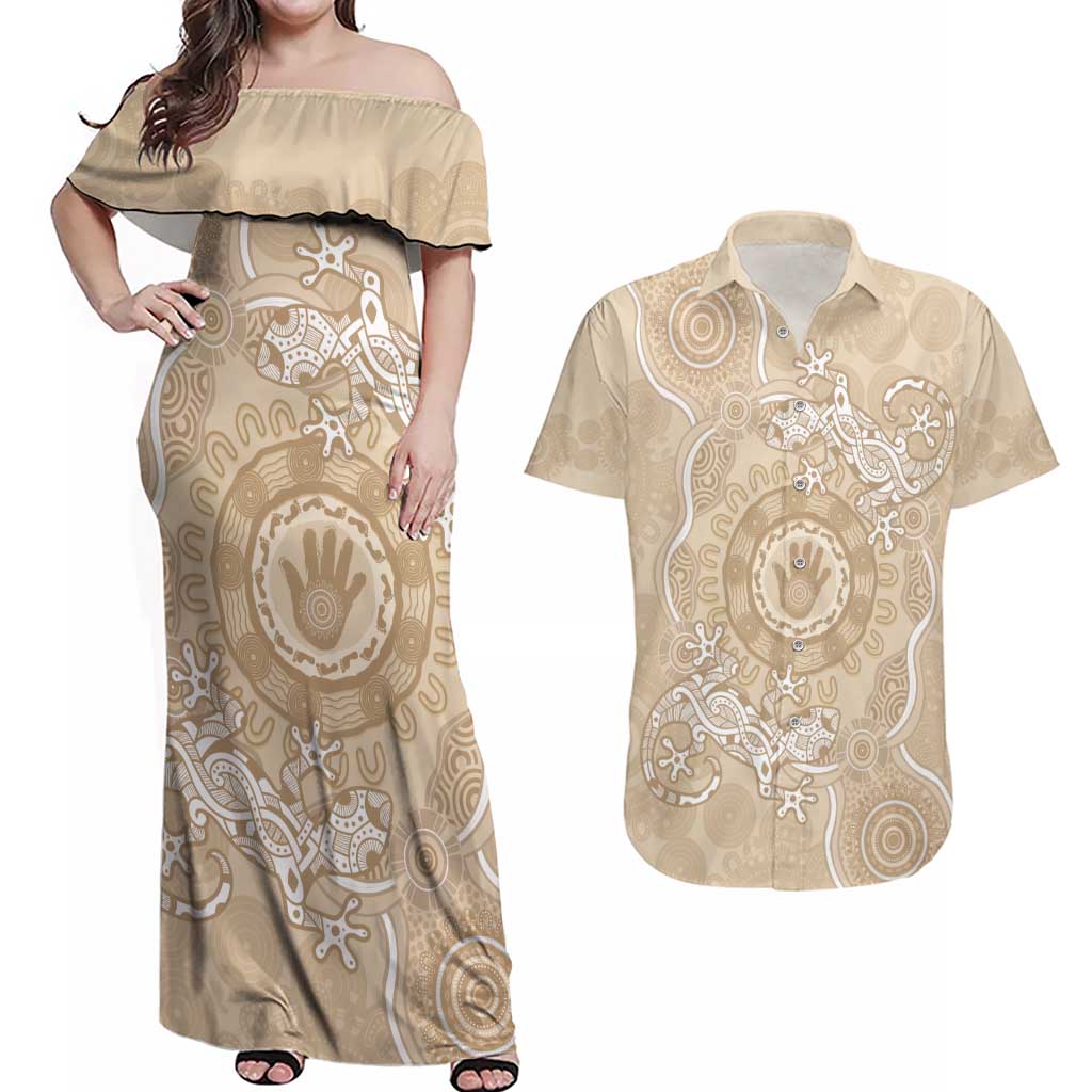 Beige Australia Lizard With Aboriginal Art Couples Matching Off Shoulder Maxi Dress and Hawaiian Shirt