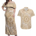 Beige Australia Lizard With Aboriginal Art Couples Matching Off Shoulder Maxi Dress and Hawaiian Shirt
