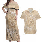Beige Australia Lizard With Aboriginal Art Couples Matching Off Shoulder Maxi Dress and Hawaiian Shirt