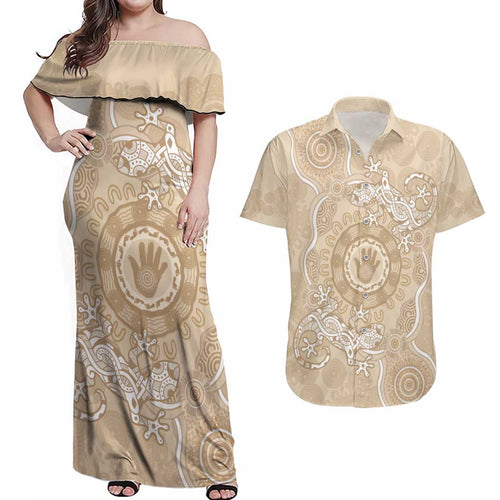 Beige Australia Lizard With Aboriginal Art Couples Matching Off Shoulder Maxi Dress and Hawaiian Shirt
