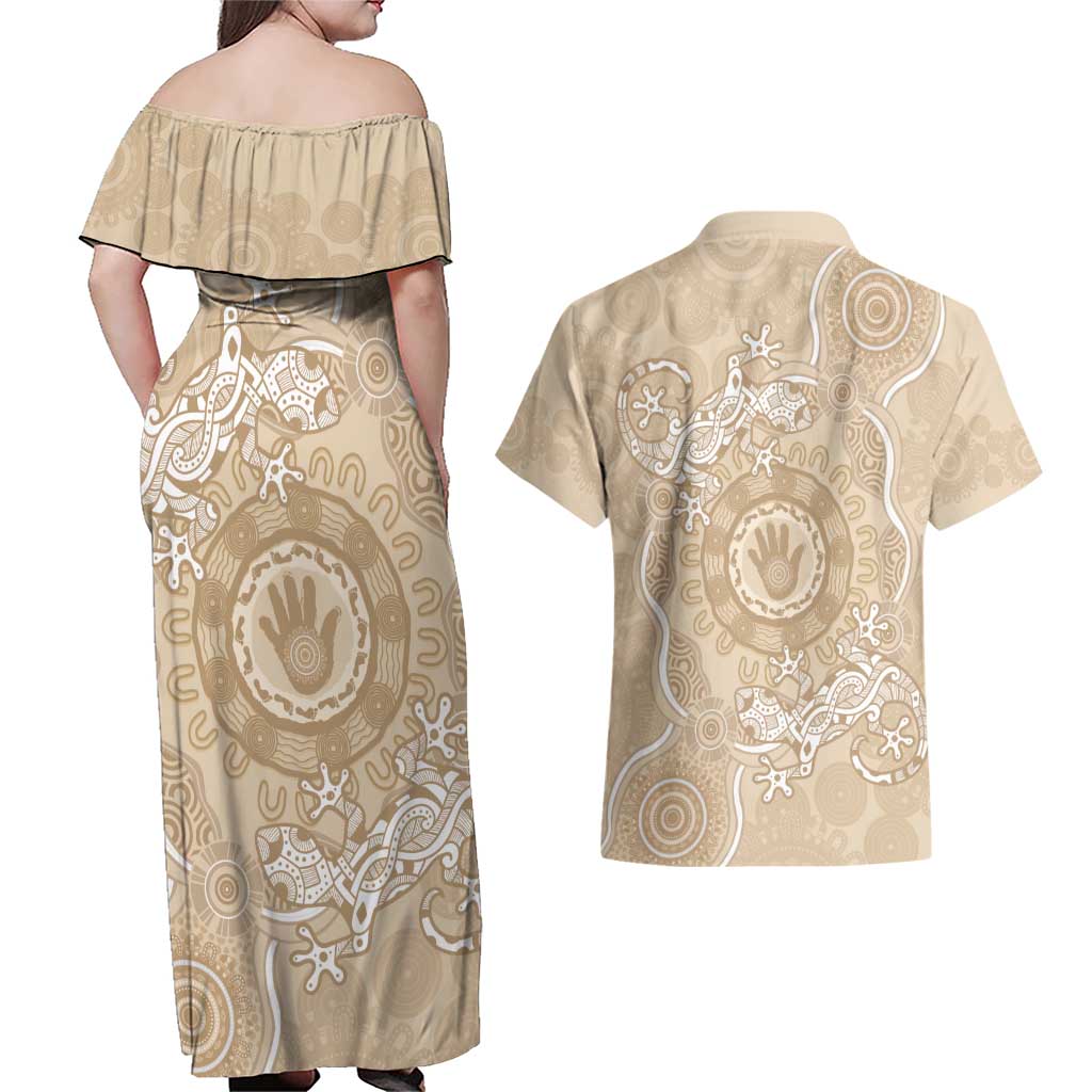 Beige Australia Lizard With Aboriginal Art Couples Matching Off Shoulder Maxi Dress and Hawaiian Shirt