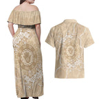 Beige Australia Lizard With Aboriginal Art Couples Matching Off Shoulder Maxi Dress and Hawaiian Shirt