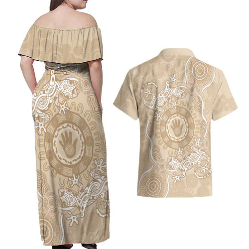 Beige Australia Lizard With Aboriginal Art Couples Matching Off Shoulder Maxi Dress and Hawaiian Shirt