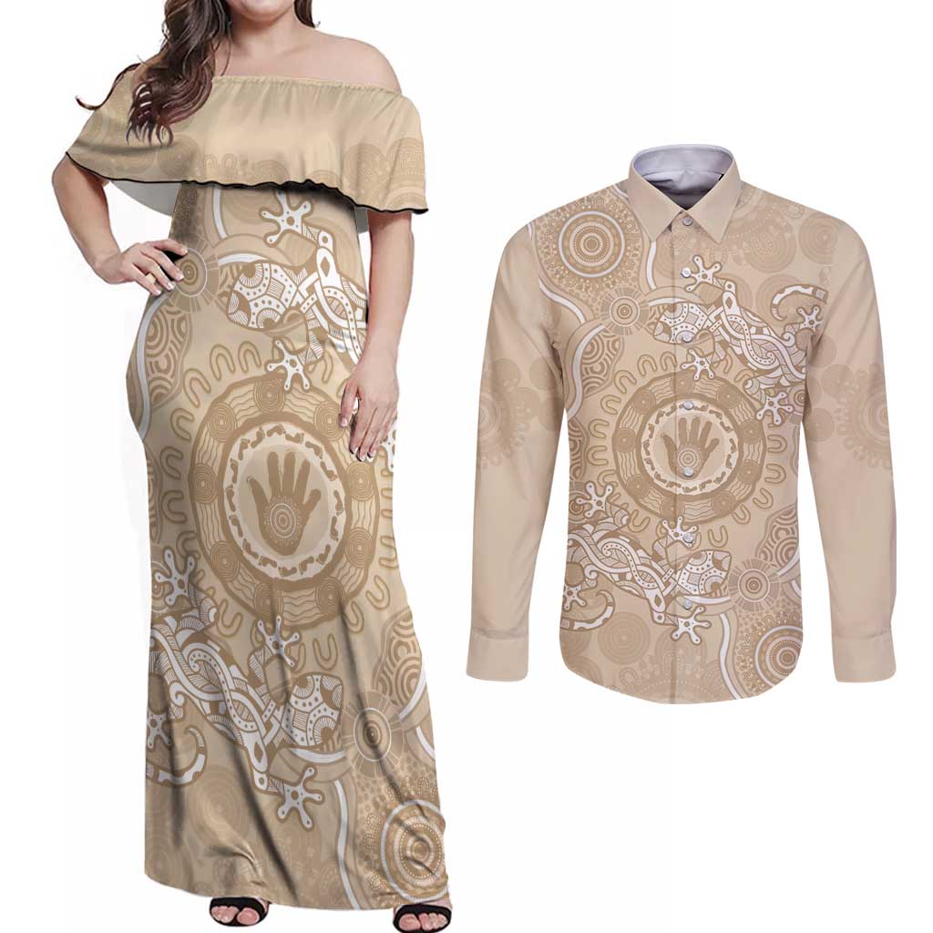 Beige Australia Lizard With Aboriginal Art Couples Matching Off Shoulder Maxi Dress and Long Sleeve Button Shirt