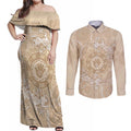 Beige Australia Lizard With Aboriginal Art Couples Matching Off Shoulder Maxi Dress and Long Sleeve Button Shirt