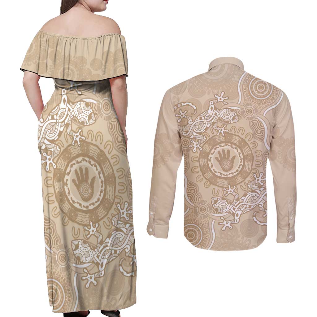 Beige Australia Lizard With Aboriginal Art Couples Matching Off Shoulder Maxi Dress and Long Sleeve Button Shirt