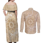 Beige Australia Lizard With Aboriginal Art Couples Matching Off Shoulder Maxi Dress and Long Sleeve Button Shirt