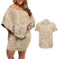 Beige Australia Lizard With Aboriginal Art Couples Matching Off Shoulder Short Dress and Hawaiian Shirt