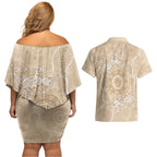 Beige Australia Lizard With Aboriginal Art Couples Matching Off Shoulder Short Dress and Hawaiian Shirt