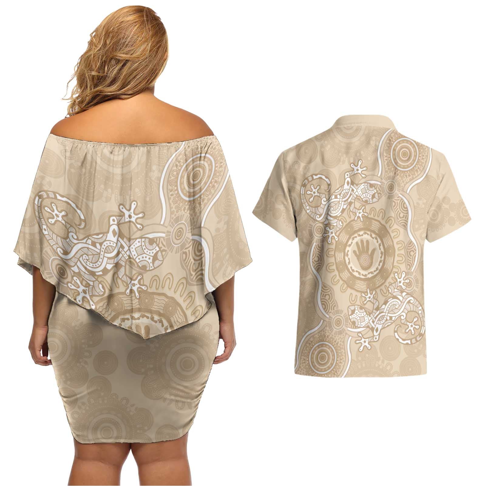 Beige Australia Lizard With Aboriginal Art Couples Matching Off Shoulder Short Dress and Hawaiian Shirt