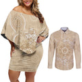 Beige Australia Lizard With Aboriginal Art Couples Matching Off Shoulder Short Dress and Long Sleeve Button Shirt