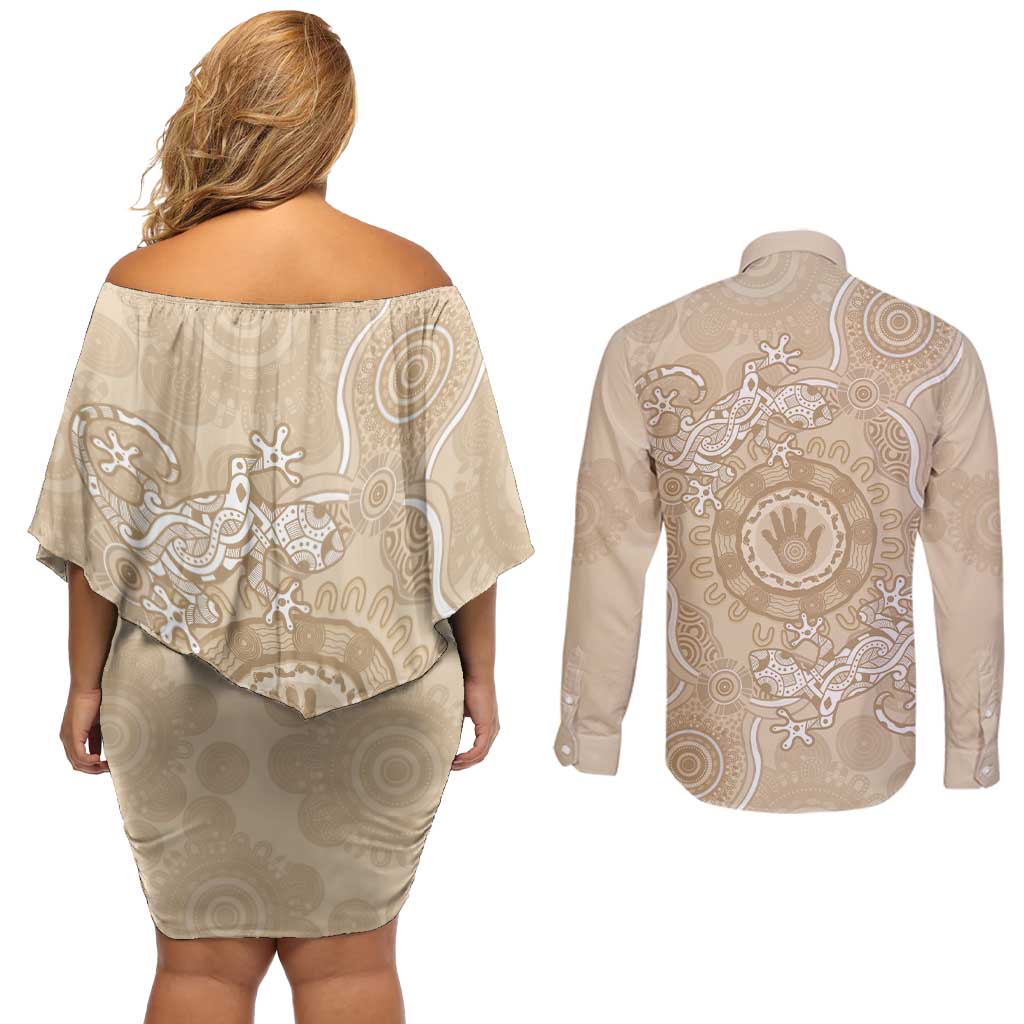 Beige Australia Lizard With Aboriginal Art Couples Matching Off Shoulder Short Dress and Long Sleeve Button Shirt